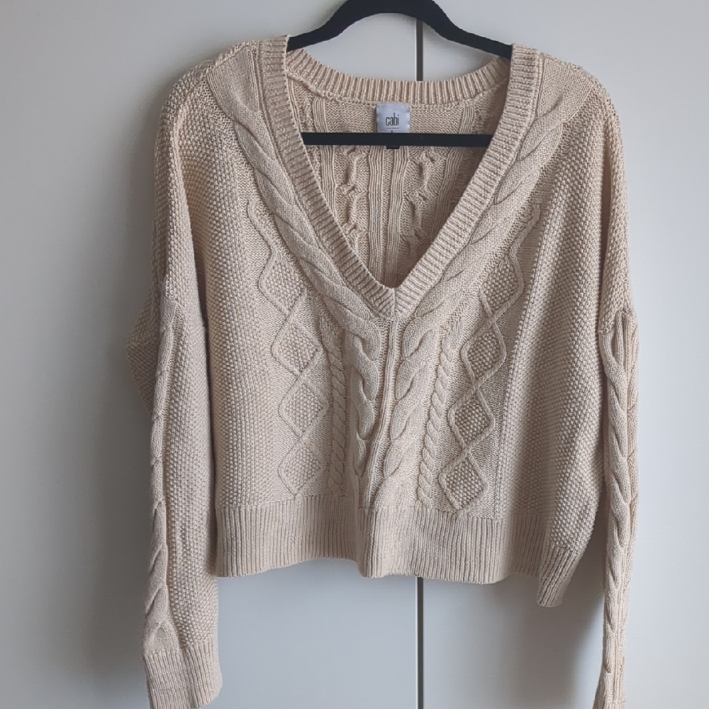 CABI Cable Knit V-Neck Sweater - Cream